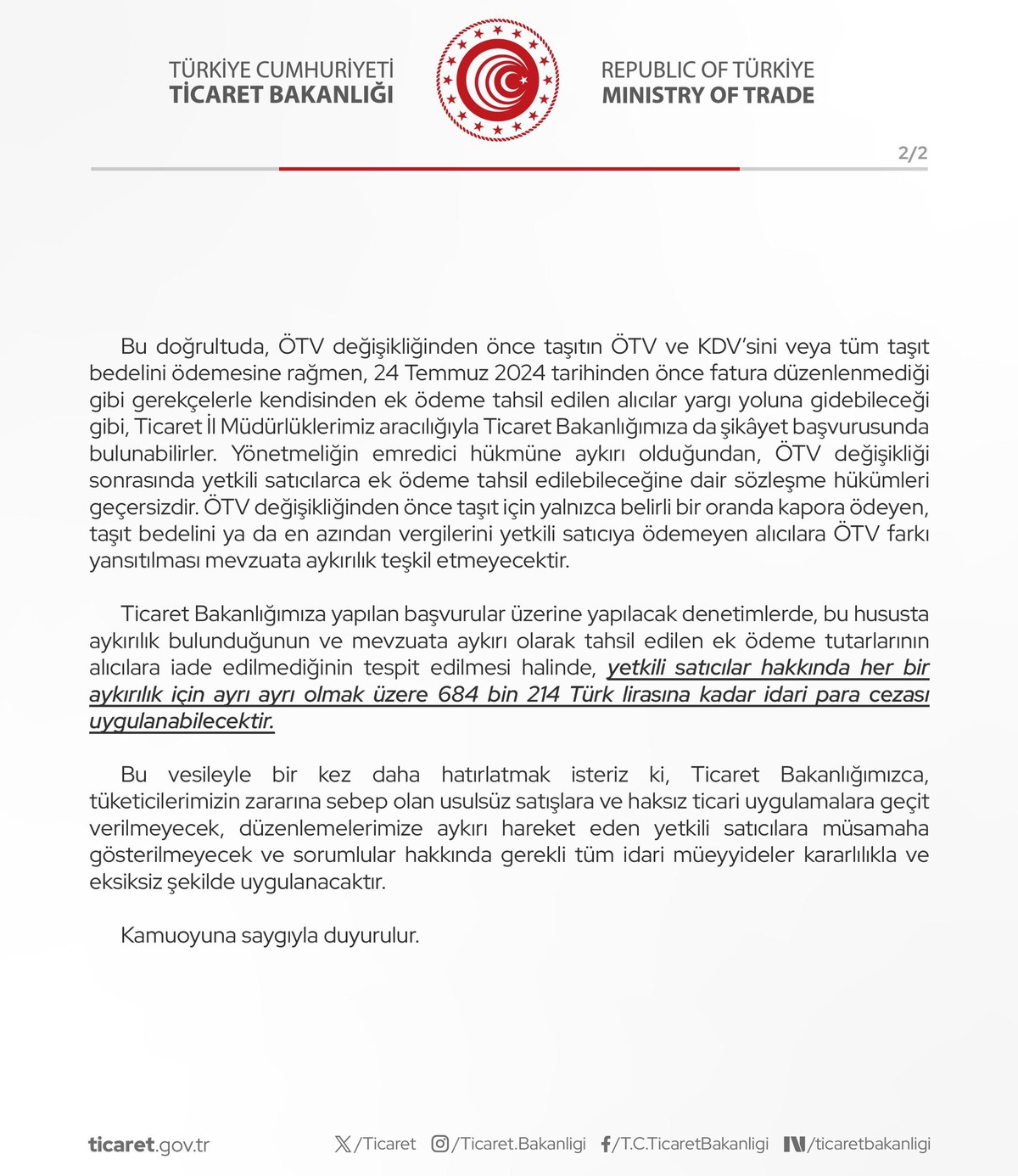 Ticaret Bakanlığı duyurdu! &Ouml;TV farkı alan bayilere uygulanacak: "Gerekli tedbirler alınacaktır", G&ouml;rsel 3