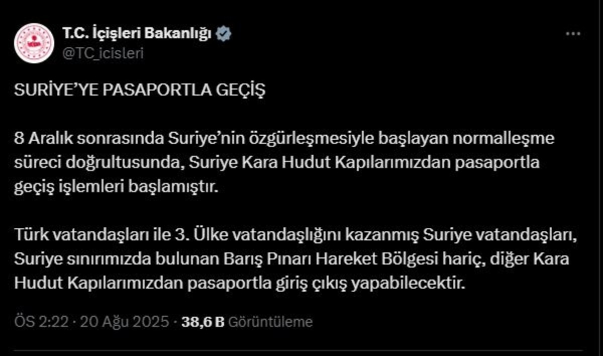 İ&ccedil;işleri Bakanlığı duyurdu! Suriye&rsquo;ye pasaportla ge&ccedil;işler başladı, G&ouml;rsel 1