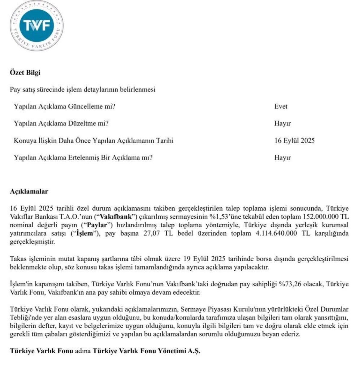 Varlık Fonu, 4.1 milyar TL lik Vakıfbank hissesini yabancılara sattı, Görsel 1