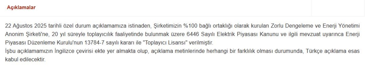 KAP a bildirildi! Zorlu Enerji’ye (ZOREN) 20 yıllık “Toplayıcı Lisansı”, Görsel 1