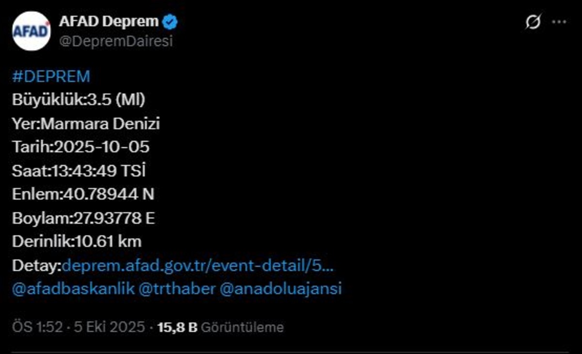 AFAD duyurdu! Marmara Denizi nde 3.5 şiddetinde deprem, Görsel 1