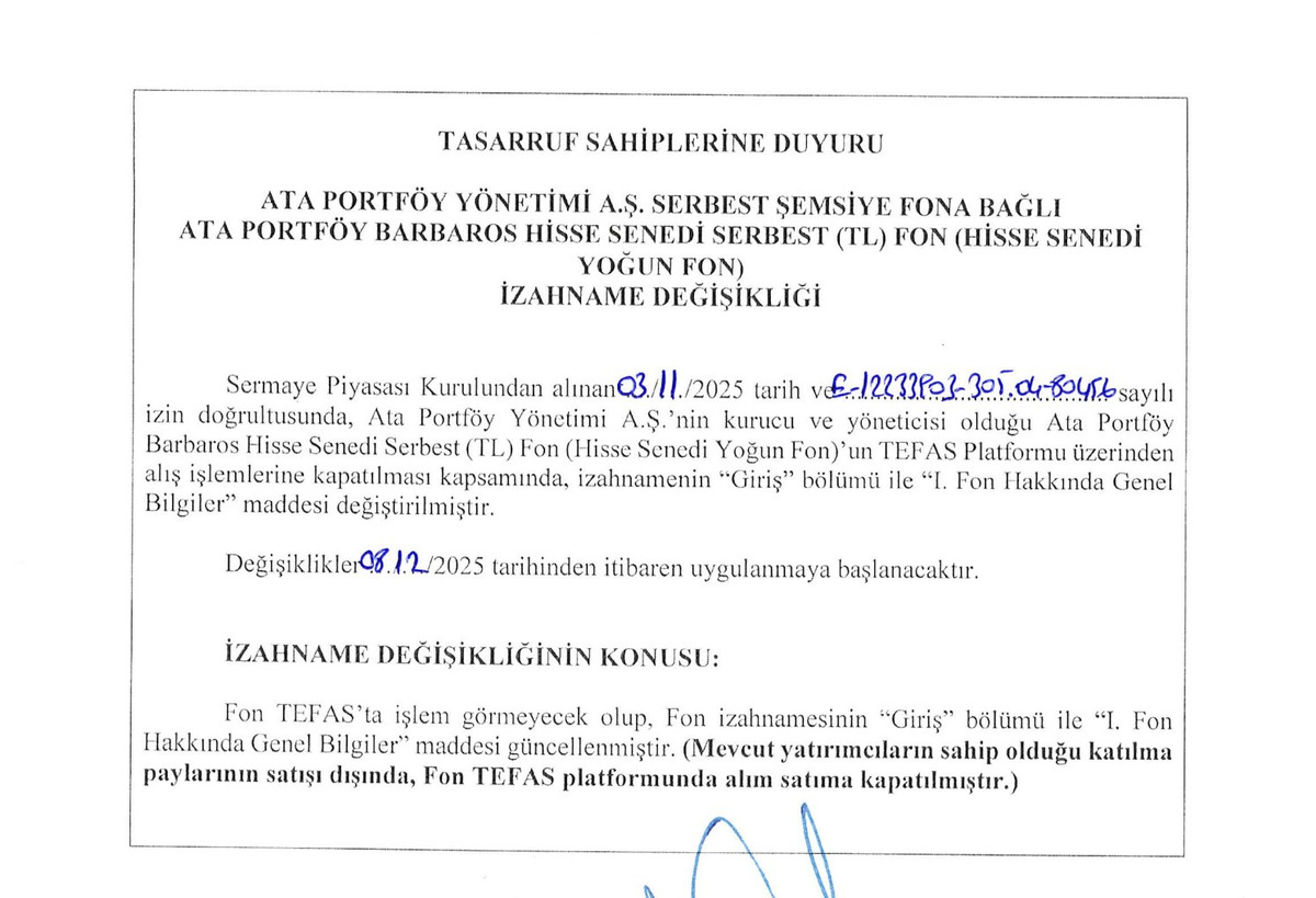 Ata Portf&ouml;y&rsquo;&uuml;n hisse senedi serbest fonu (THV) alım-satıma kapatıldı, G&ouml;rsel 1