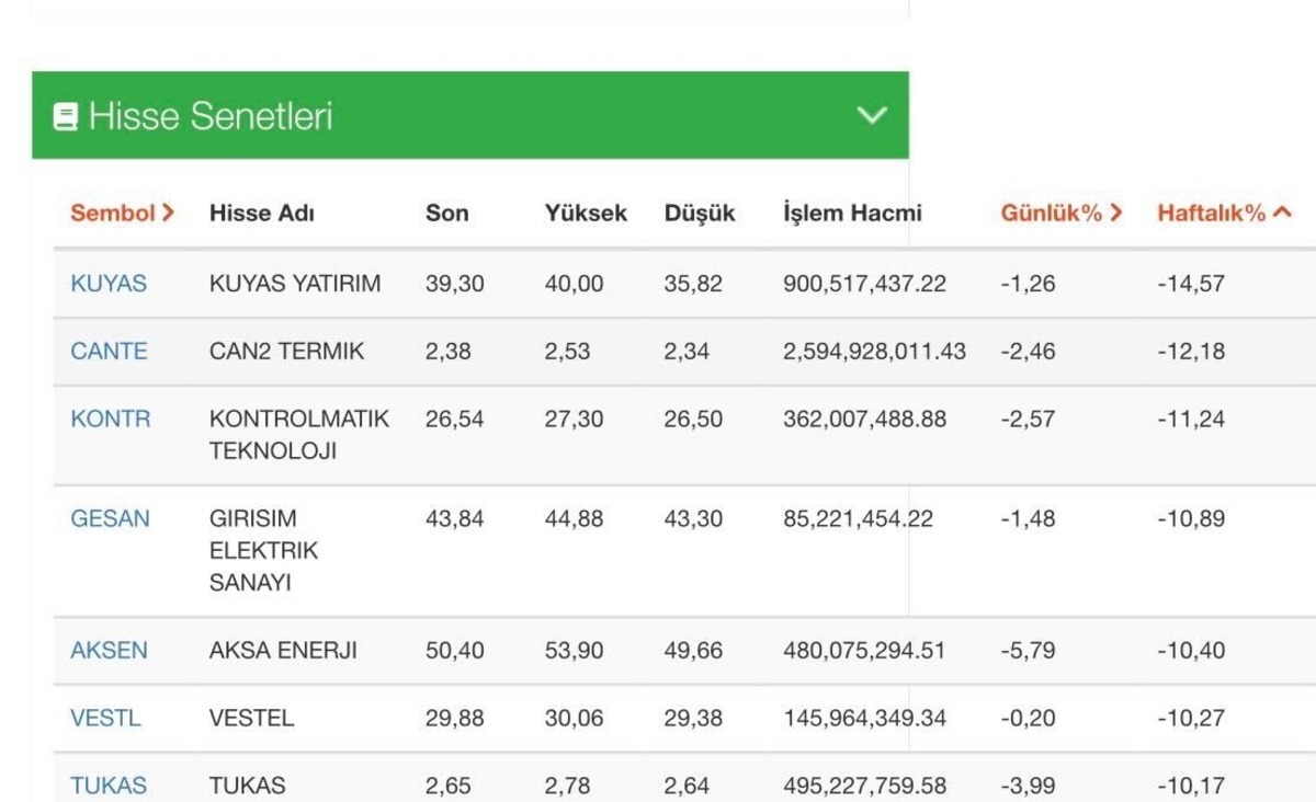 KUYAS, VESTL, CANTE...İşte haftanın en çok kaybettiren hisseleri, Görsel 1
