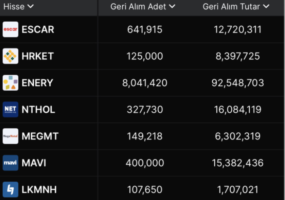 Borsada geri alım yapan hisseler: ENERY, MAVI, NTHOL, ESCAR, HRKET, MEGMT, LKMNH, G&ouml;rsel 1