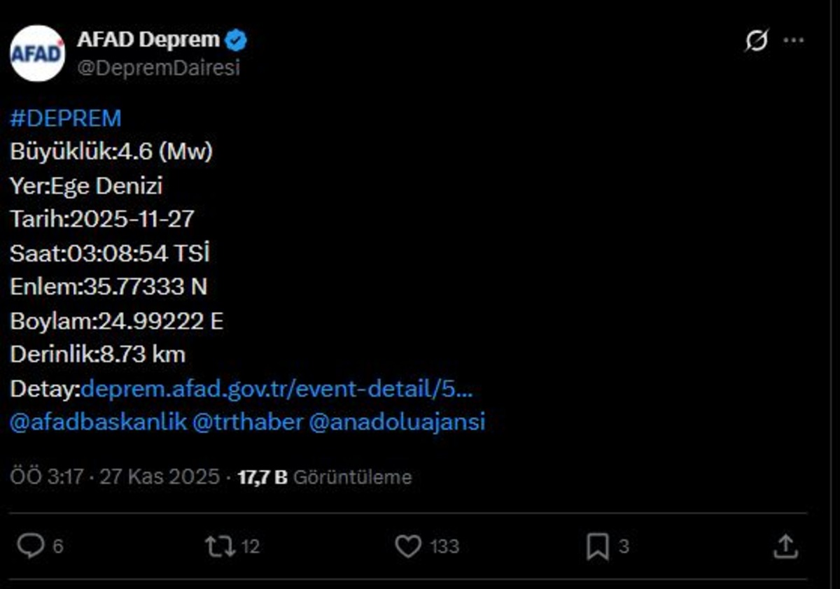 AFAD duyurdu! Ege Denizi nde korkutan deprem, G&ouml;rsel 1
