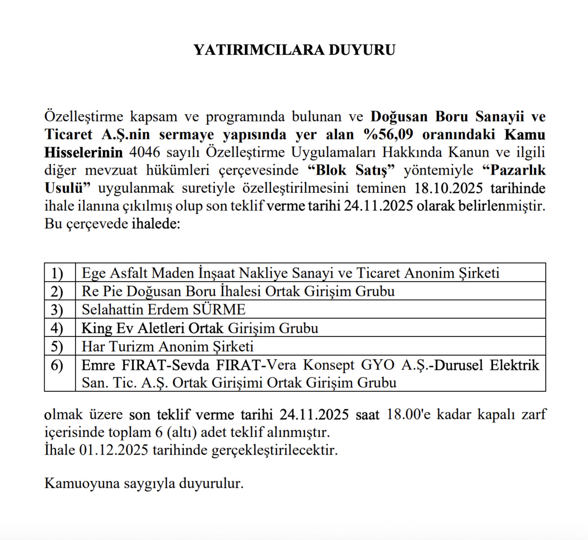Doğusan Boru (DOGUB) hisselerinde blok satış i&ccedil;in 6 teklif geldi, G&ouml;rsel 1