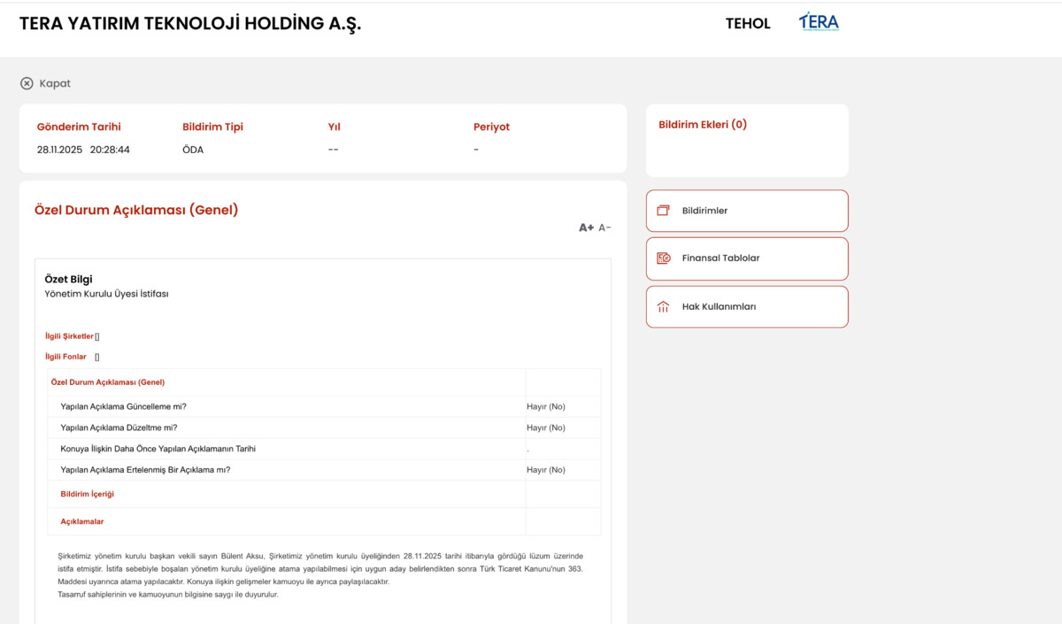 Tera Yatırım Teknoloji Holding (TEHOL) Yönetim Kurulu Başkan Vekili istifa etti, Görsel 1