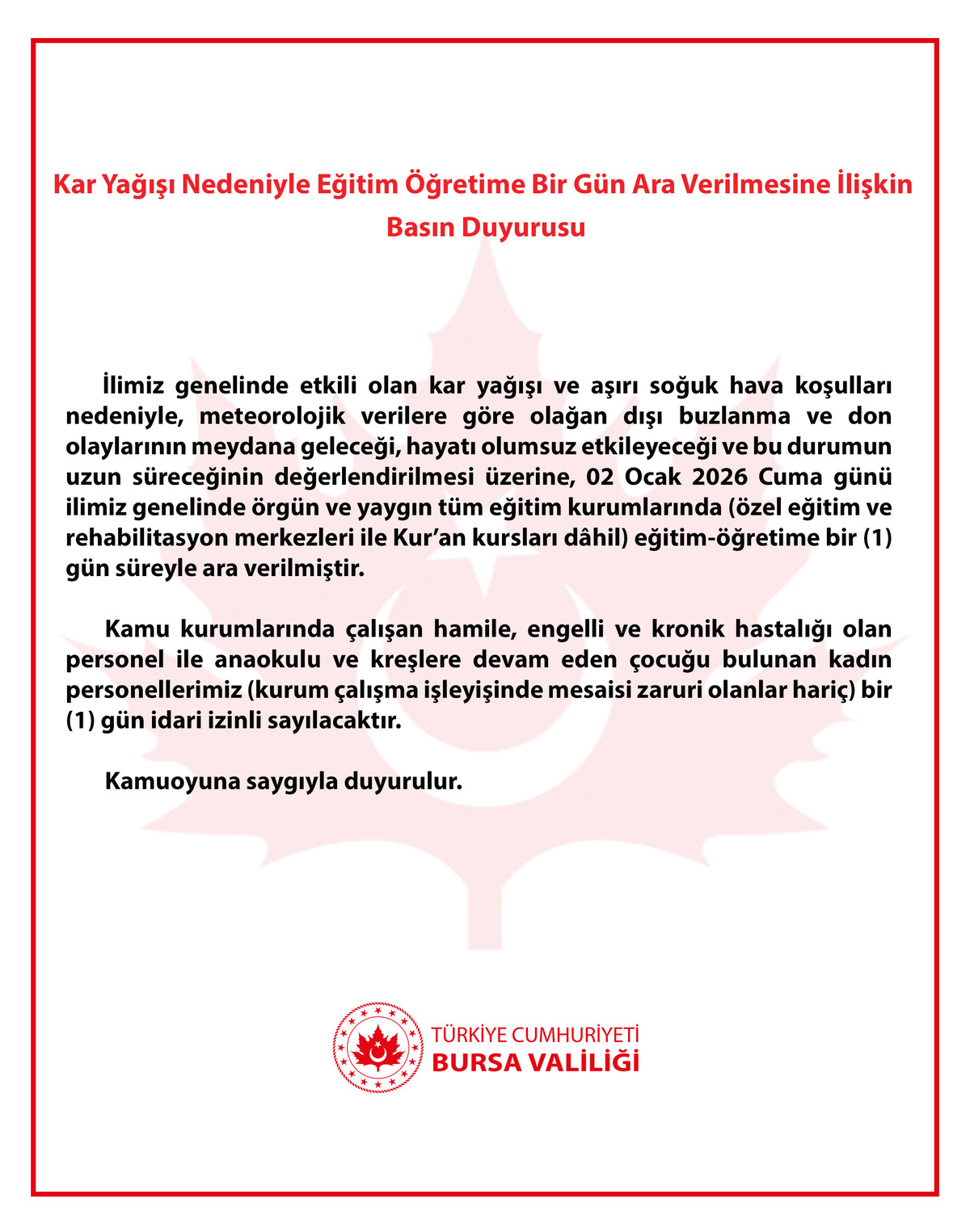 Bursa&rsquo;da Okullara Kar Tatili! 2 Ocak 2026 Cuma Eğitime Ara Verildi, G&ouml;rsel 1