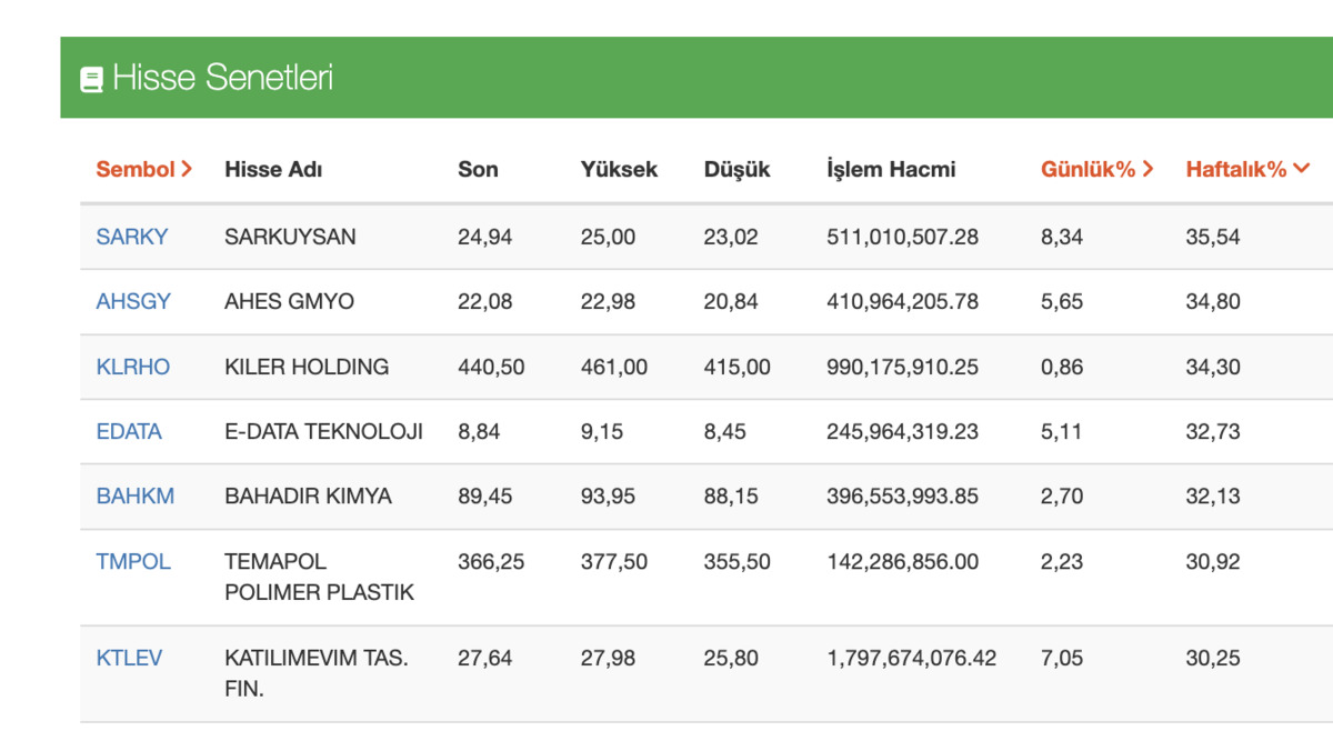 Haftanın y&uuml;zde 30 dan fazla kazandıran Borsa İstanbul hisseleri, G&ouml;rsel 1