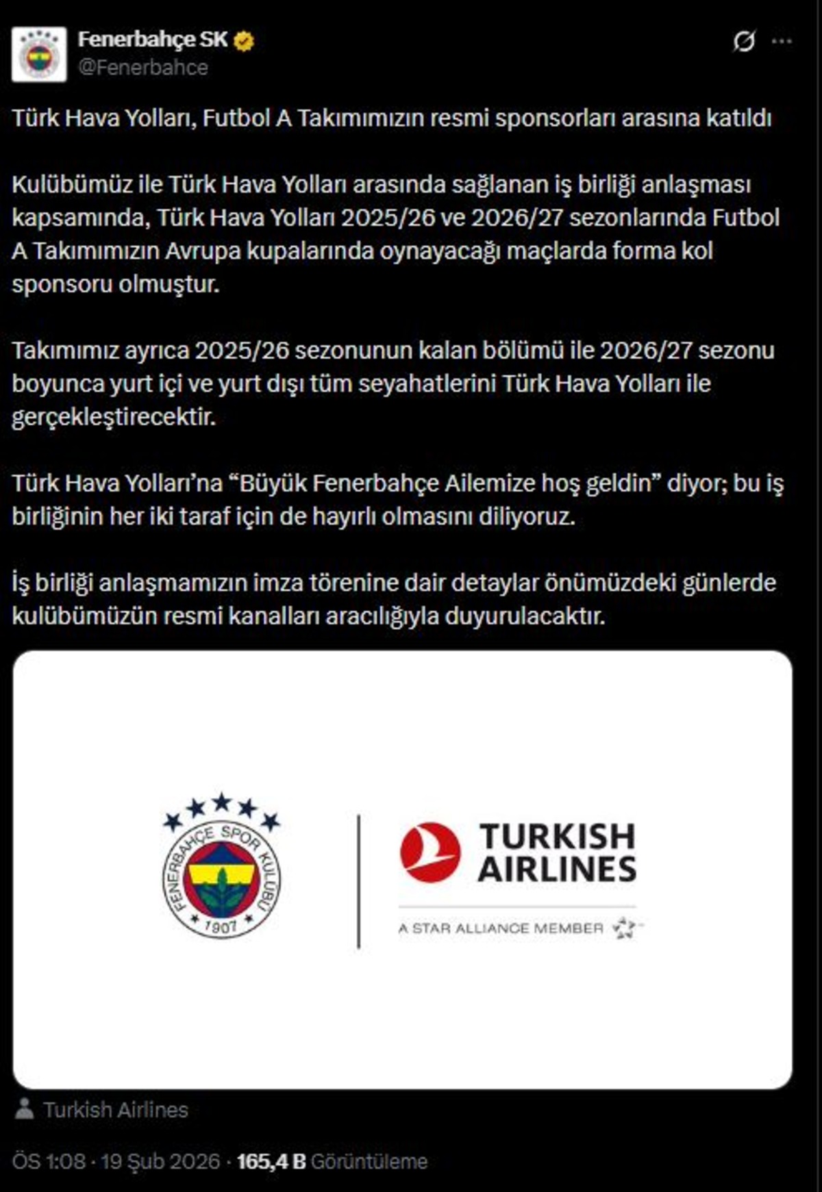 THY resmen açıklandı! Fenerbahçe den dev sponsorluk anlaşması, Görsel 1