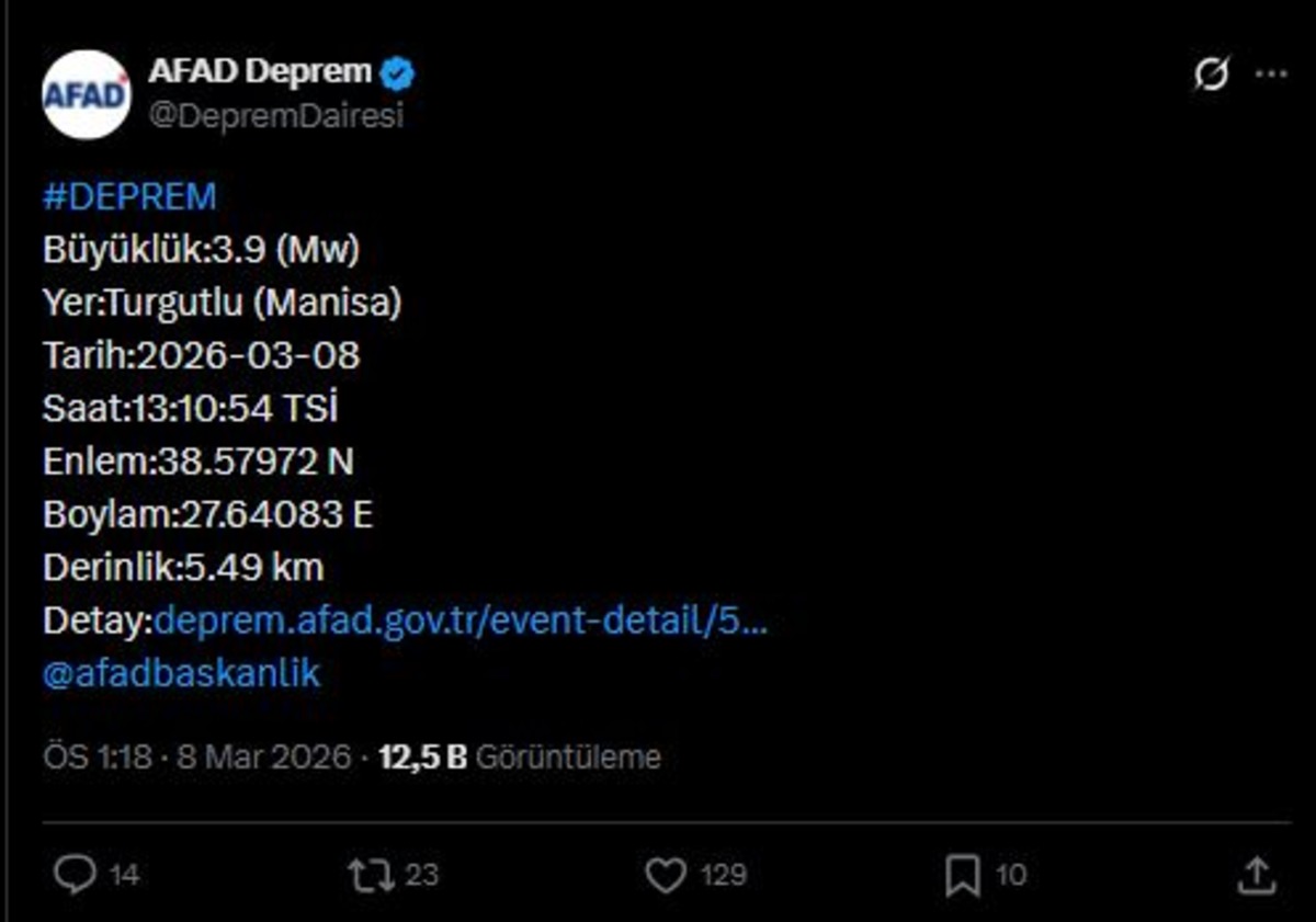 AFAD duyurdu! Manisa nın Turgutlu il&ccedil;esinde 3.9 b&uuml;y&uuml;kl&uuml;ğ&uuml;nde deprem meydana geldi, G&ouml;rsel 1