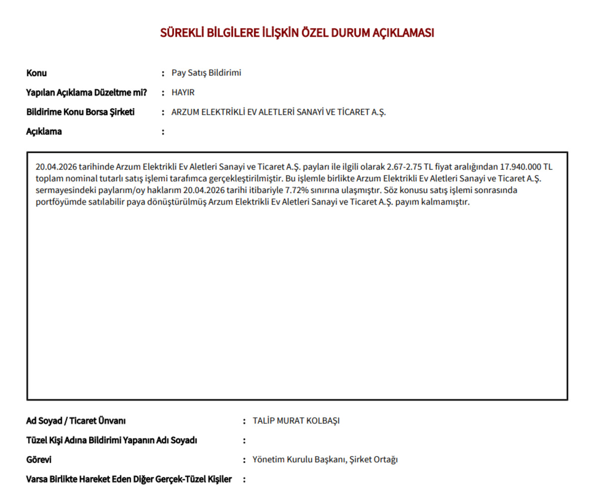 ARZUM hisselerinde kayıp artarken şirket ortağından dev satış geldi, Görsel 3