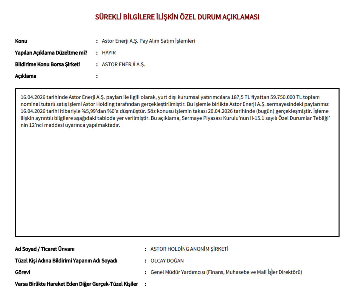 Astor Holding, Astor Enerji deki tüm payını sattı, hisseler pozitif, Görsel 1
