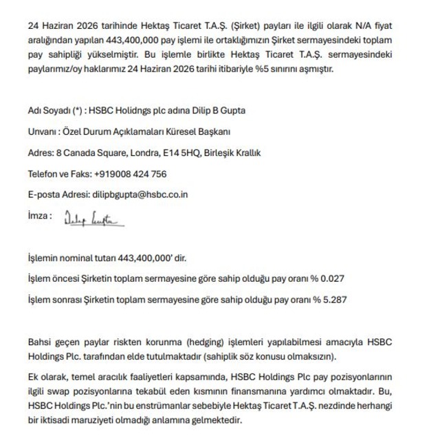 HSBC'den Hektaş (HEKTS) a&ccedil;ıklaması! %5 eşiği aşıldı