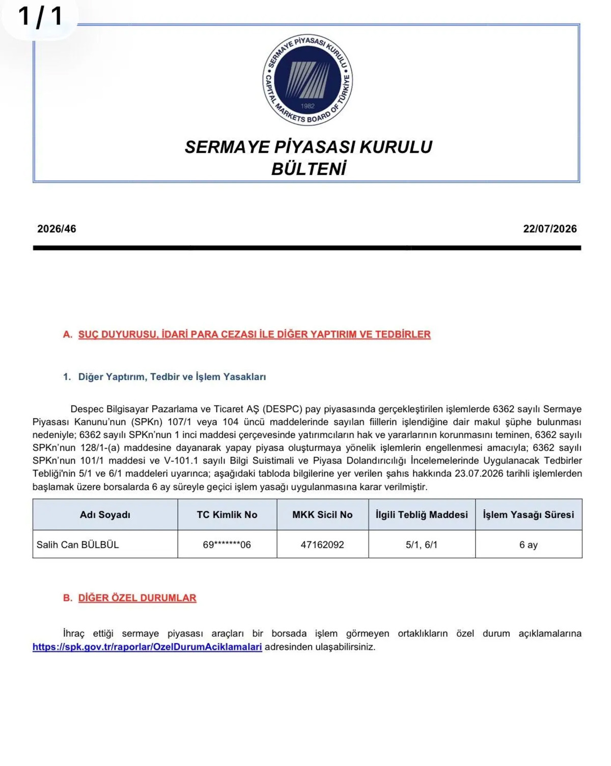 DESPC hisselerinde SPK kararı! Bir yatırımcıya 6 ay işlem yasağı, Görsel 1