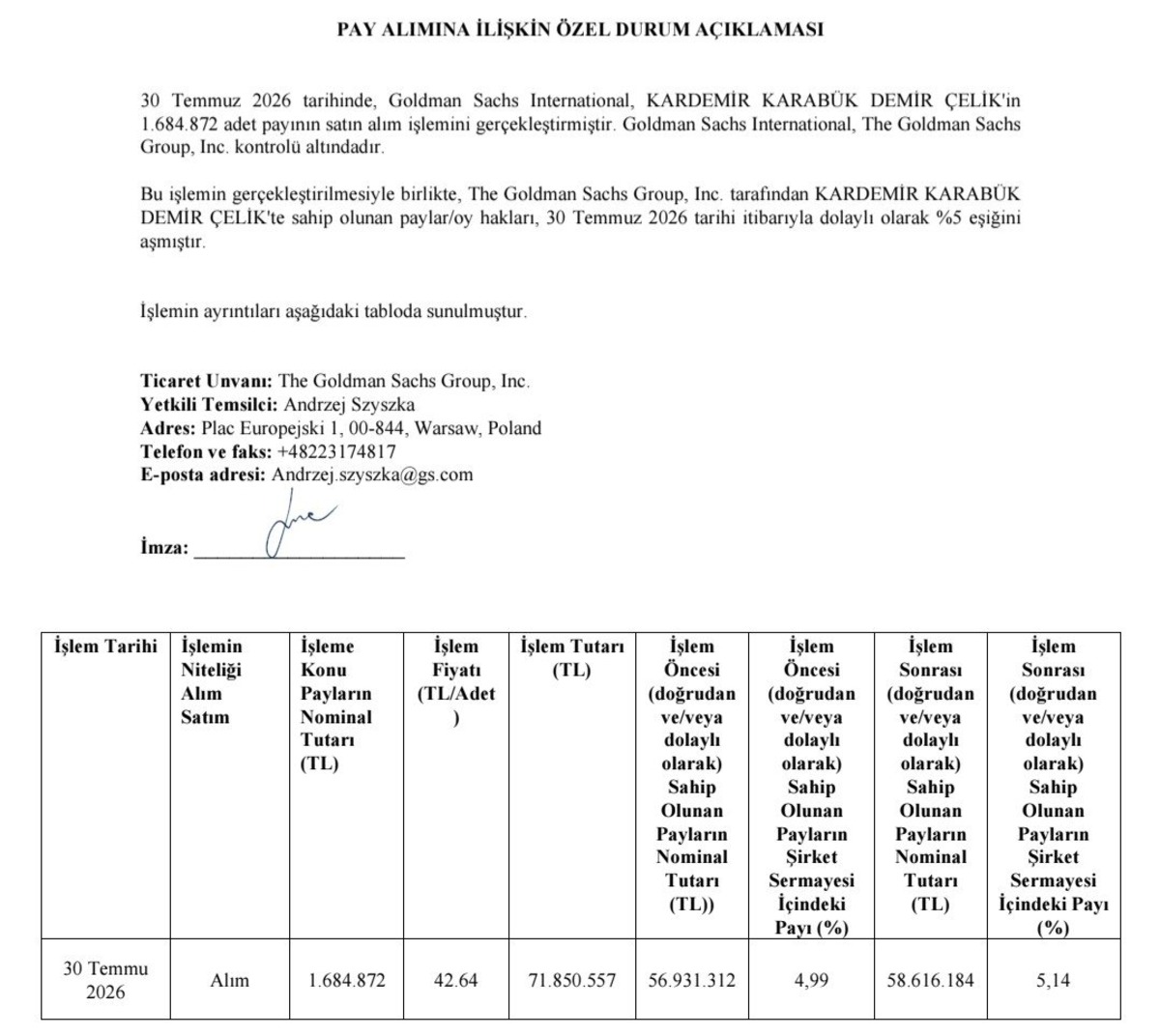 Goldman Sachs tan Kardemir hamlesi! Yüzde 5 eşiği aşıldı, Görsel 1