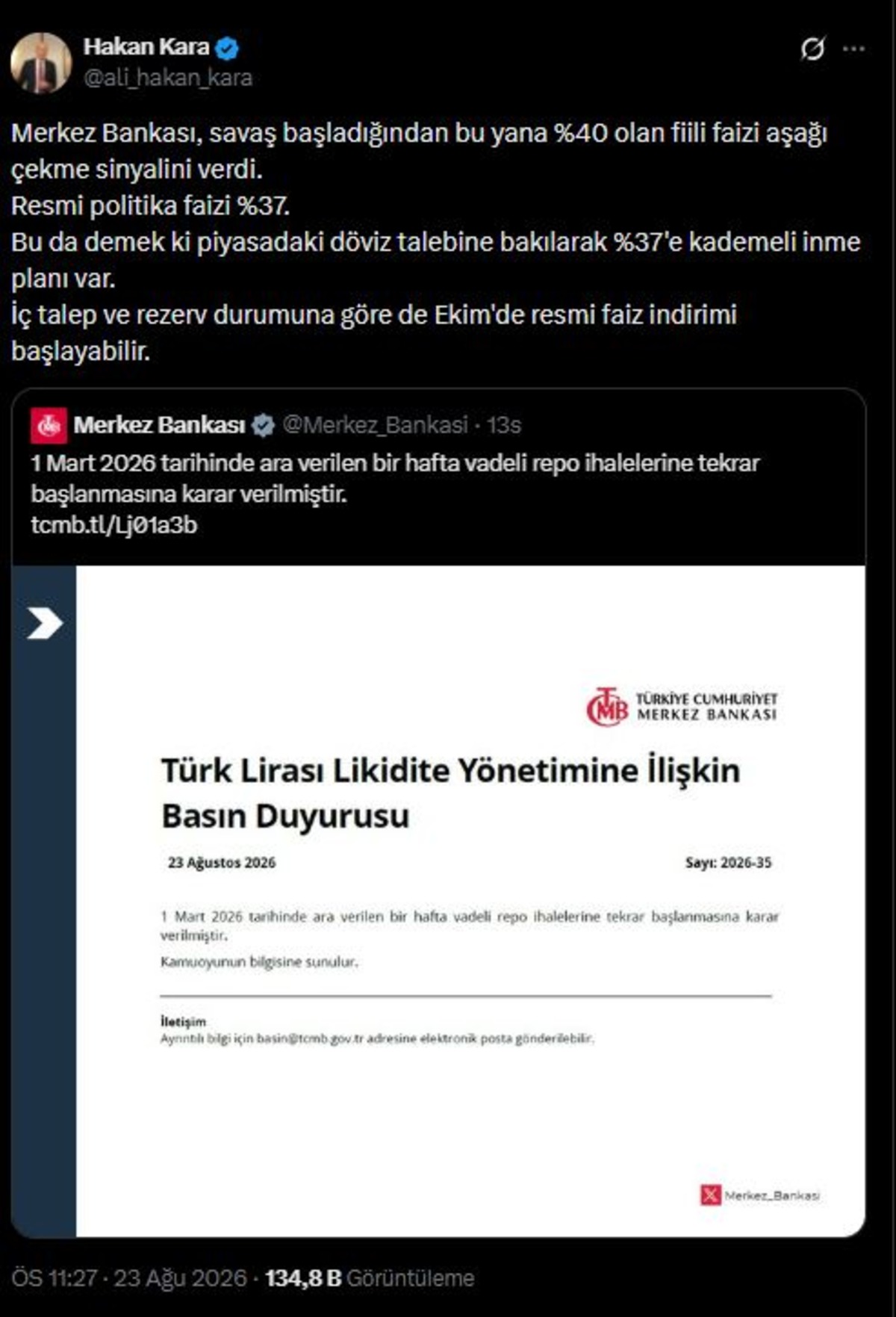 TCMB 6 ay sonra yeniden başlattı: Hakan Kara Ekim ayını işaret etti, G&ouml;rsel 1