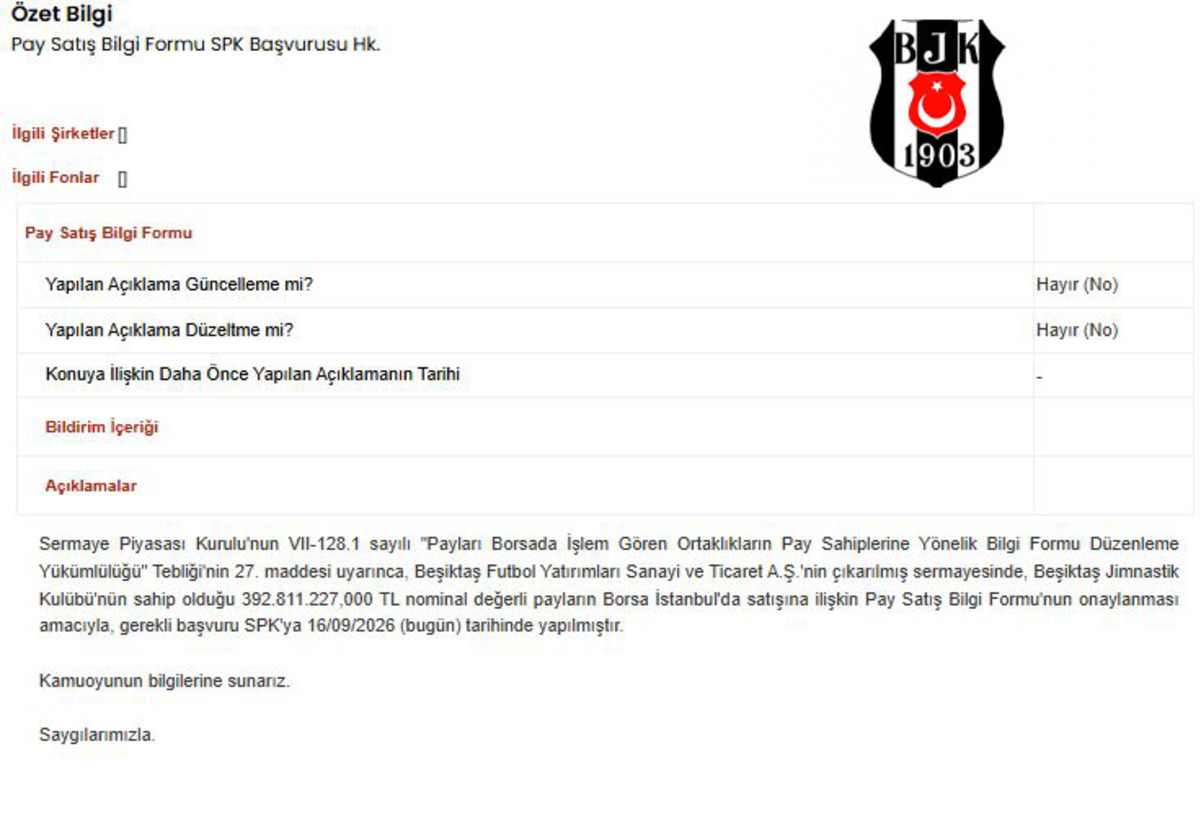 Beşiktaş BJKAS hisselerini bir bir satıyor! SPK ya başvurdu, Görsel 1